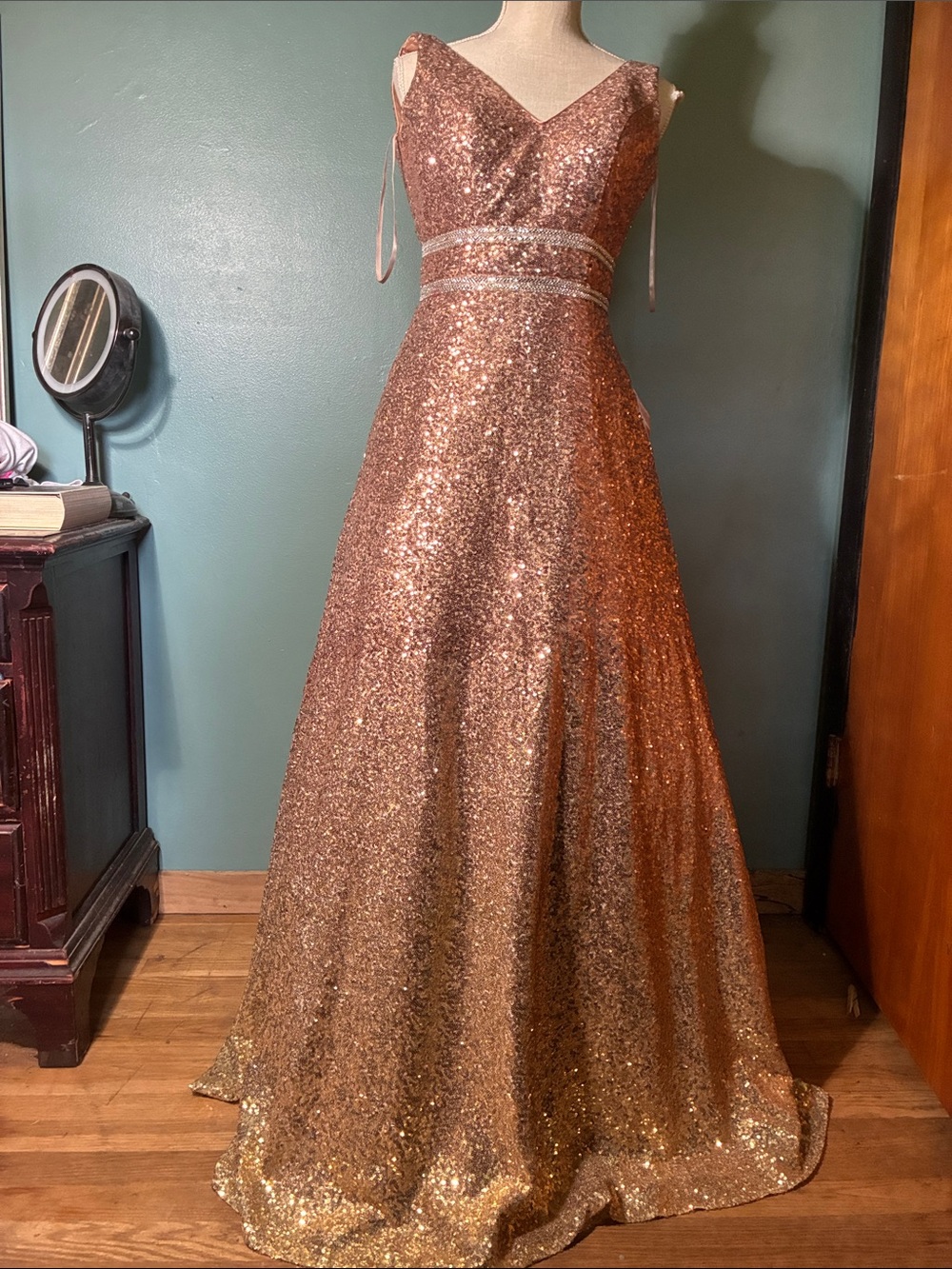 Temptations OmbrΓ© Rose Gold Sequin VβNeck Ballgown Prom Dress